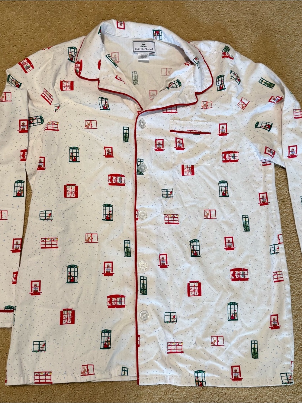 Kids White Window-Print Pajama Top with Red Trim